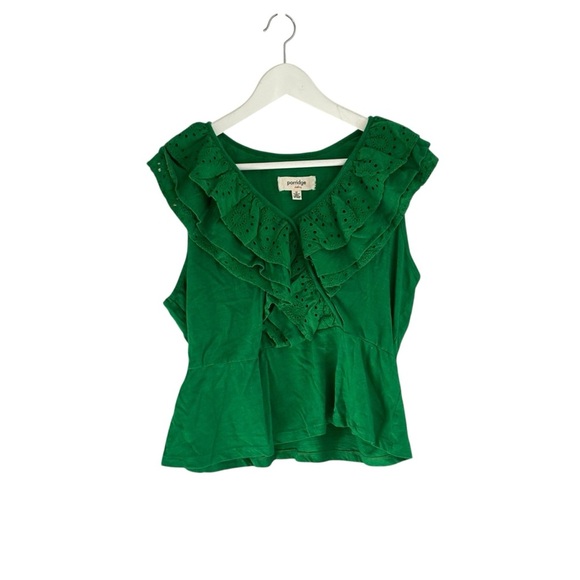 Porridge Clothing Anthropologie Green Lace Ruffle Top Size Medium 100% Cotton - Picture 3 of 5